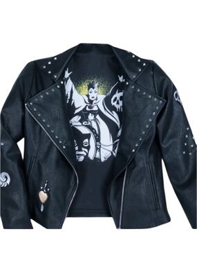 DISNEY Villains Snow White Evil Queen Wicked Black Faux Leather Jacket Studs XL